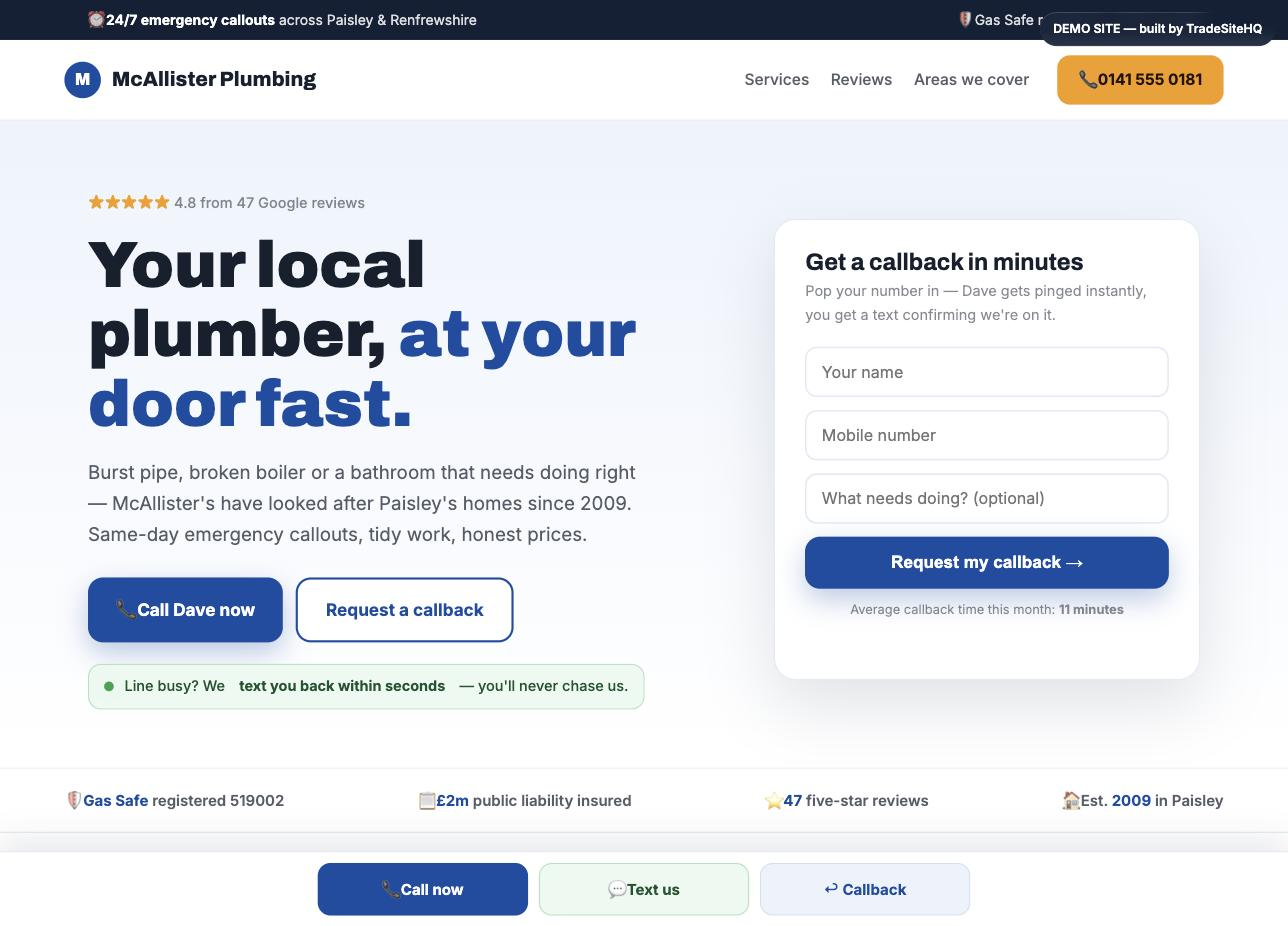McAllister Plumbing — demo trade website built by TradeSiteHQ